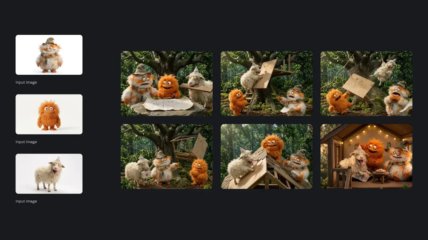 Os mesmos três personagens peludos em diferentes cenas de floresta