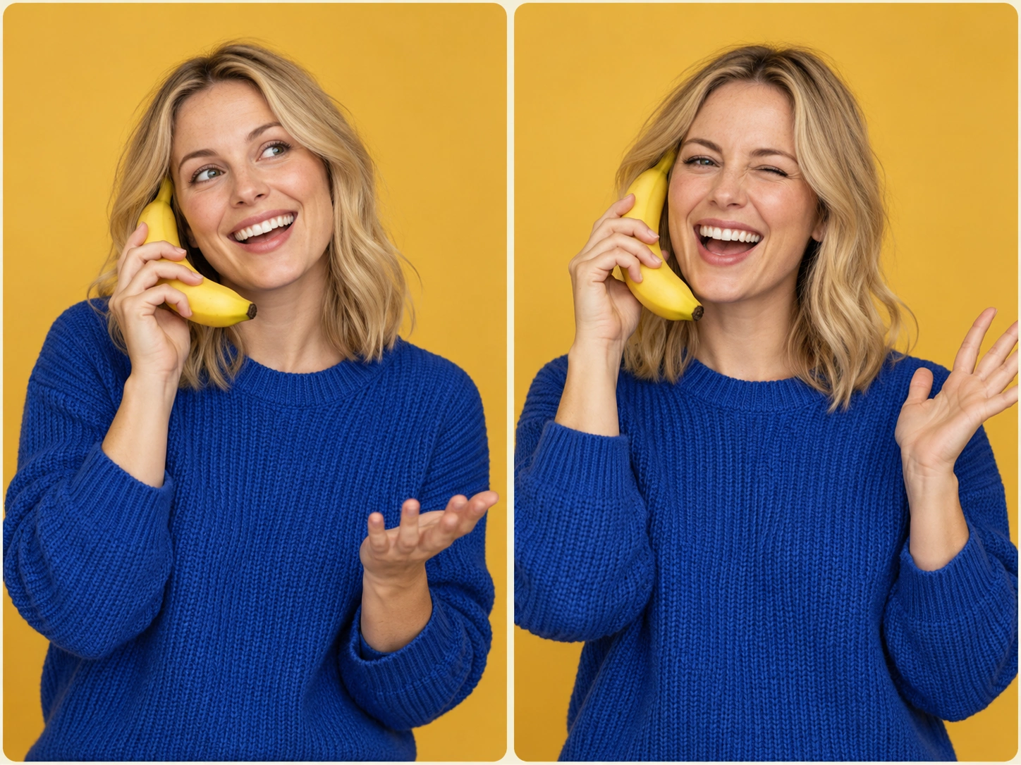 Ilustração original com dois retratos de uma mulher de suéter azul liso usando uma banana como telefone