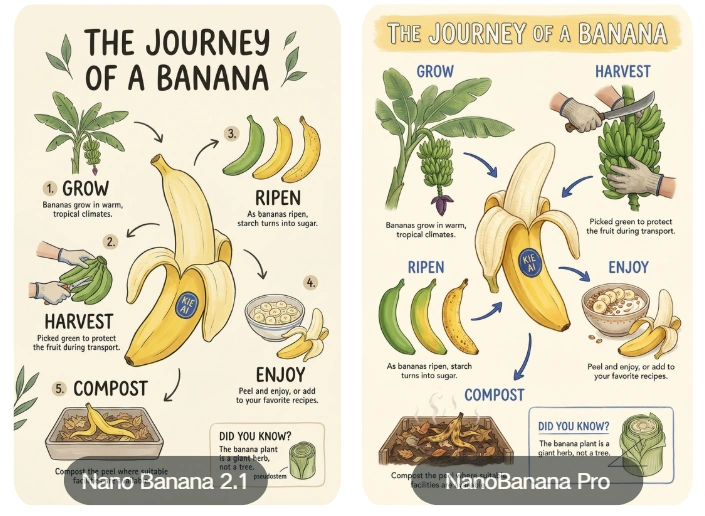 Comparação de infográficos sobre a jornada da banana entre Nano Banana 2.1 e Pro