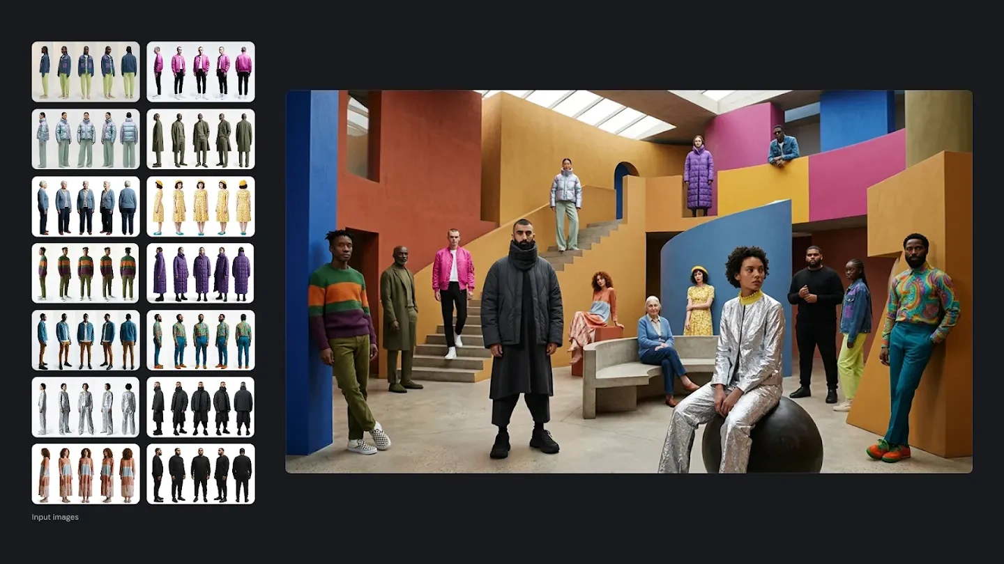 Referências de roupas ao lado de uma cena de moda em arquitetura colorida
