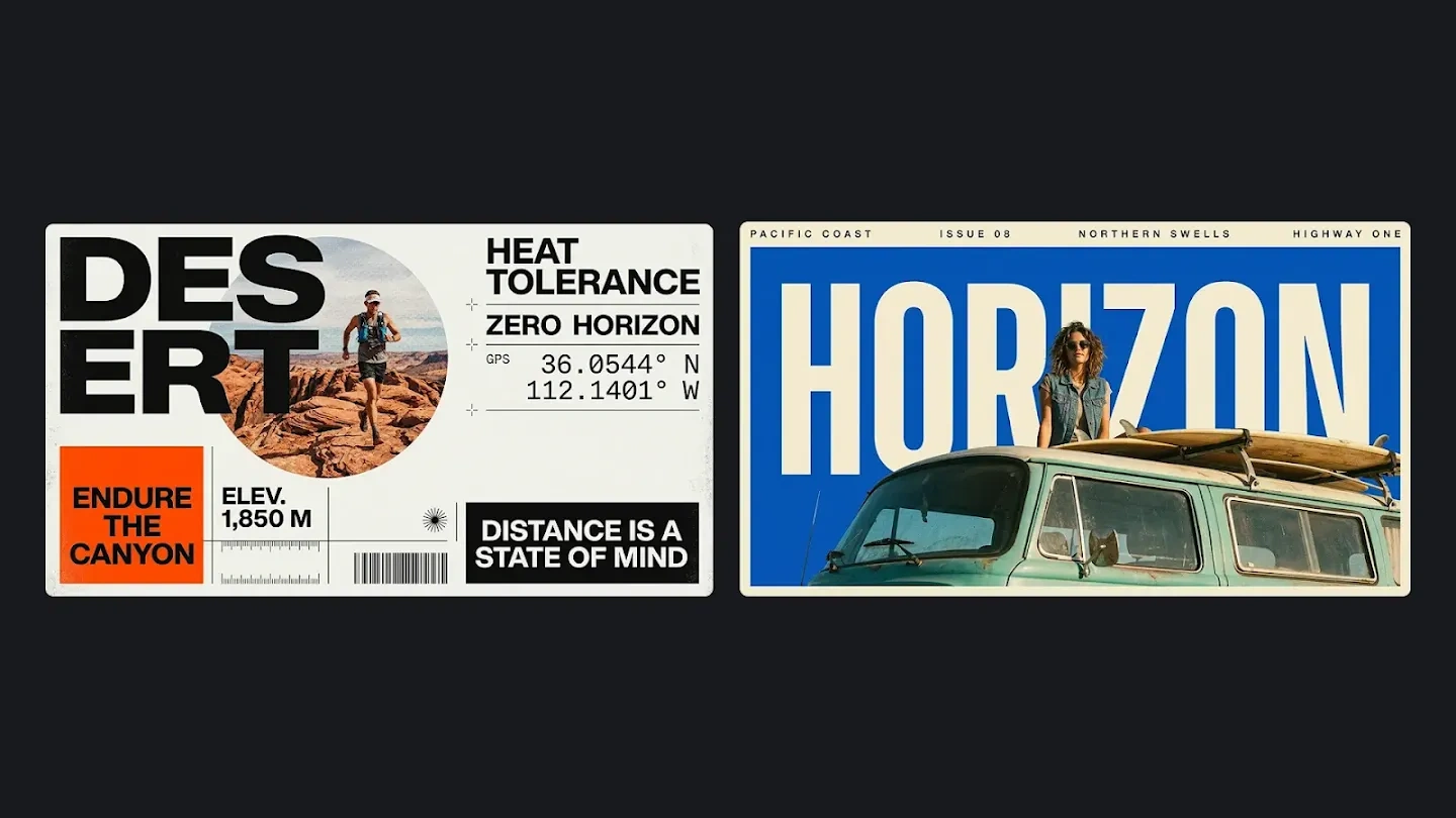 Cartazes de revista com letras grandes e retratos vintage